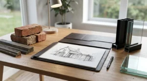 Architectural home sketch with brick, timber, and glass material samples on a designer’s desk, illustrating custom home planning and material selection.
