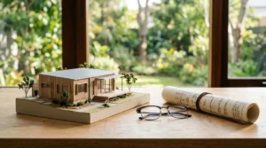 Architectural house model with rolled blueprints and eyeglasses on a wooden desk overlooking a landscaped garden