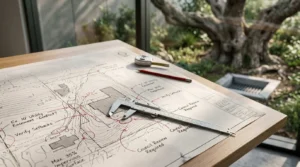 Site plan with topographic markings, calipers, tape measure, and red markup notes on a desk overlooking a landscaped property