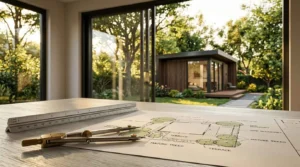 Architectural site plan with a drafting compass and scale ruler on a desk overlooking a modern backyard studio