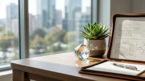 Open portfolio with planning diagrams, pen, succulent, and crystal ornament on a desk overlooking a city skyline