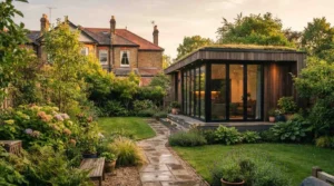 Modern backyard granny flat with floor-to-ceiling glass doors surrounded by a landscaped garden