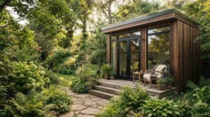 Modern timber granny flat with a private deck surrounded by lush landscaped garden and mature trees