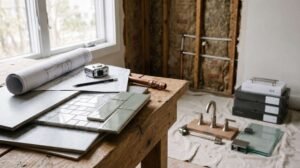 Home renovation project with architectural plans, ceramic tile samples, countertop materials, and bathroom fixtures displayed in a partially remodeled interior space
