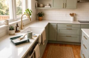 Modern kitchen renovation with sage green cabinets, white quartz countertops, brass faucet, farmhouse sink, and fresh paint supplies