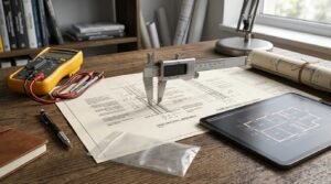 Bathroom renovation planning with architectural blueprints, digital caliper, multimeter, tablet displaying floor plans, and construction measuring tools on a work desk