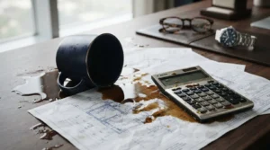 Spilled coffee on renovation blueprints beside a calculator on a wooden desk
