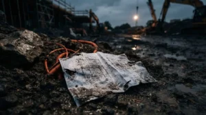 Damaged construction blueprints lying in muddy ground at a building site during poor weather