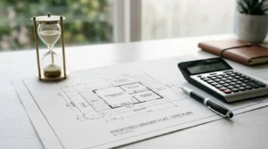 Architectural site plan with calculator, hourglass, and pen on a modern office desk