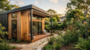 Modern backyard granny flat with timber cladding and landscaped garden for contemporary residential living