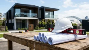 Construction hard hat, rolled architectural blueprints, and spirit level on a workbench in front of a modern luxury home