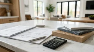 Construction budget planner, calculator, pen, and material samples on a modern kitchen island in a newly built home