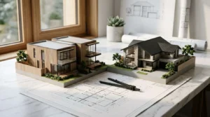Architectural house models displayed on residential floor plans with design tools in a modern home design studio