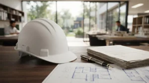Construction hard hat, blueprints, and signed documents on an architect's desk