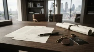 Signed real estate contract with house keys, property documents, and architectural plans on an office desk representing home buying, property ownership, and legal real estate transactions