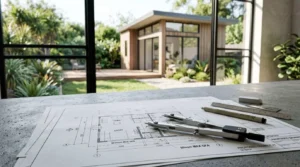 Residential floor plan blueprint with a drafting compass and measuring tools on a desk overlooking a modern backyard studio