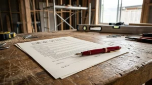 Construction contract with a fountain pen on a workbench inside a residential building under construction