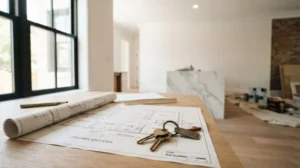 Blueprint plans and house keys on a wooden table inside a modern home under renovation