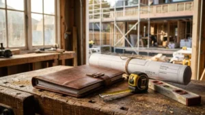Leather contractor portfolio, rolled floor plans, tape measure, and spirit level on a workbench inside a residential construction site