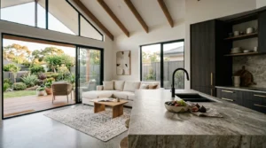 Modern granny flat interior featuring an open-plan kitchen and living area with vaulted ceilings and large sliding glass doors overlooking a landscaped backyard
