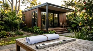 Rolled architectural blueprints and a spirit level on an outdoor table in front of a modern timber-clad granny flat