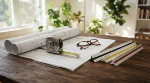 Granny flat construction blueprints with a tape measure, scale rulers, and glasses on a wooden desk