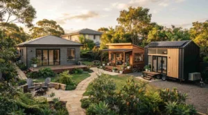 Backyard granny flat designs showcasing detached dwellings, a tiny house, and a main residence in a landscaped garden