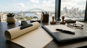 Bathroom remodeling consultation workspace with rolled architectural plans, client documents, pen, and office desk overlooking a modern city skyline