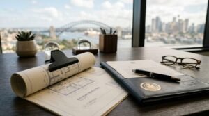 Bathroom renovation blueprints, construction plans, and contract documents on an architect's office desk overlooking a modern city skyline
