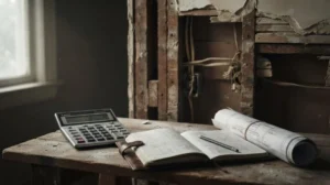 Calculator, renovation blueprint, and notebook on a workbench inside a partially demolished room during a home renovation