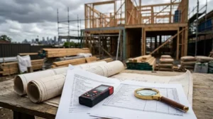 Construction checklist, blueprints, laser distance meter, and magnifying glass on a workbench at a timber-frame building site