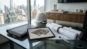 Modern architect’s office with digital floor plans, rolled blueprints, a tablet, and safety helmet, representing residential construction planning and project management.