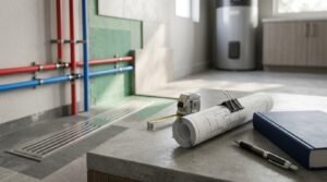 Bathroom plumbing installation with exposed hot and cold water pipes, linear shower drain, renovation blueprints, measuring tape, and construction tools for a modern bathroom remodel