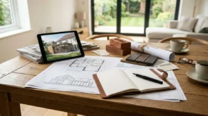 Home renovation planning workspace with architectural floor plans, a tablet rendering, material samples, and design notes for a custom home extension.