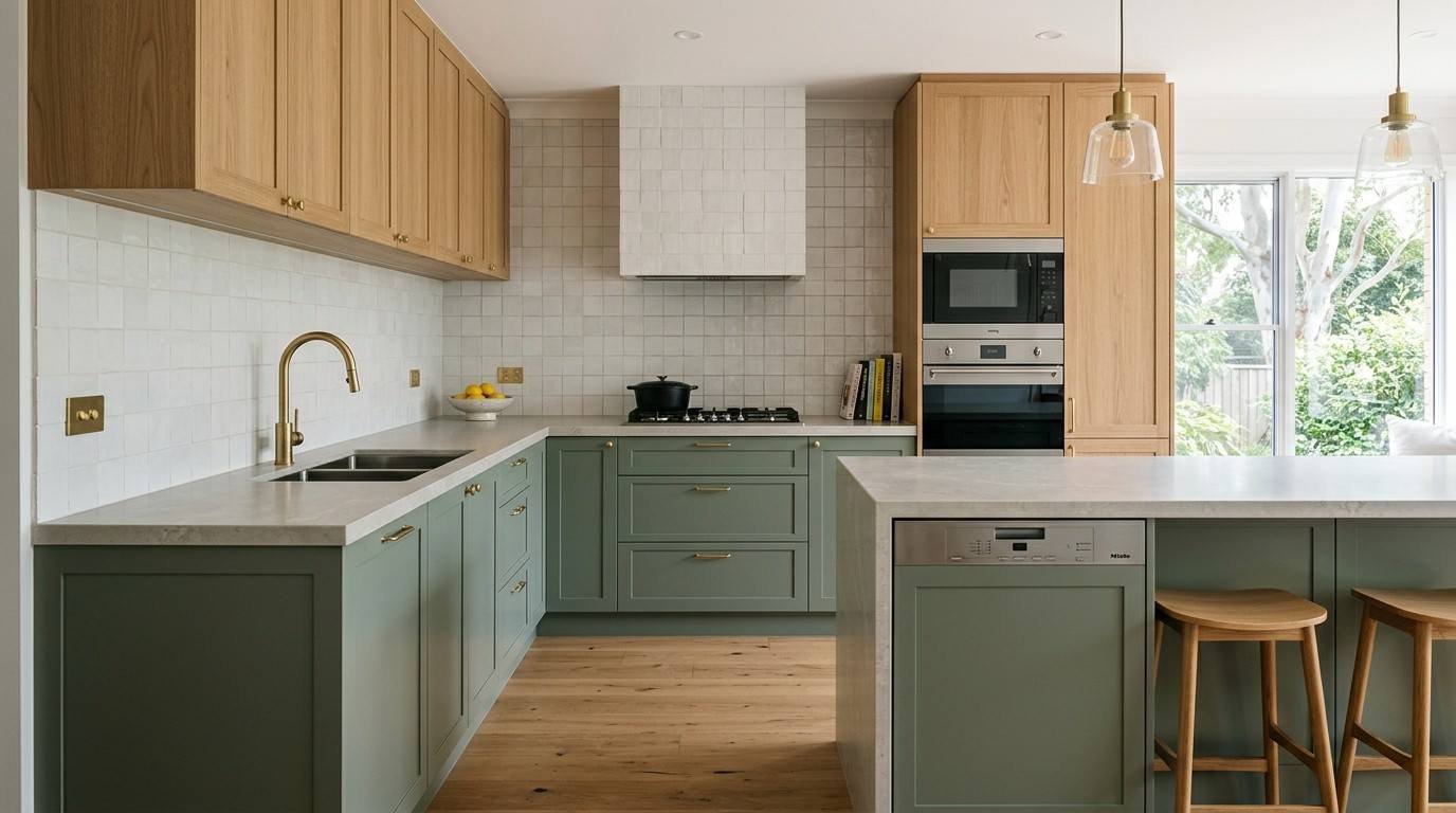 Professionally renovated Sydney kitchen featuring custom cabinetry, engineered-stone benchtops, tiled splashback, modern appliances, finished flooring, and quality fixtures.