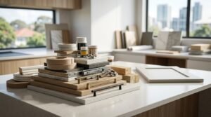 Kitchen joinery materials and hardware sample stack on a white quartz island bench, featuring timber veneer swatches, edge banding rolls, soft-close drawer runners, concealed hinges, brass and black T-bar handles, adhesive tubs, and a white shaker door panel.