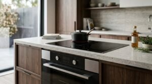 Modern walnut kitchen island featuring a built-in stainless steel oven, a sleek black induction cooktop with a cast iron pot on a glowing burner, and a terrazzo-look quartz countertop styled with olive oil and fresh rosemary.