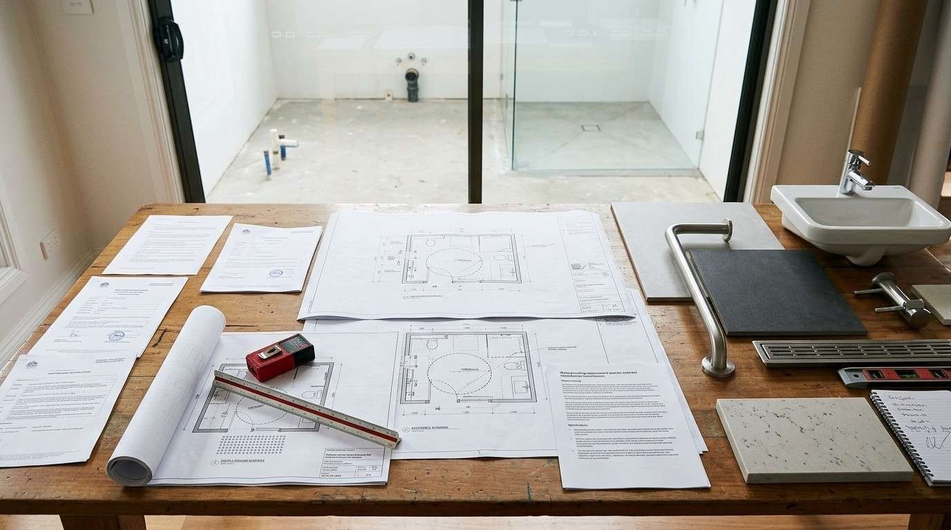 Sydney accessible bathroom renovation planning workspace with compliance drawings, accessibility documents, grab rails, and renovation plans illustrating Australian Standards and certification requirements before construction.