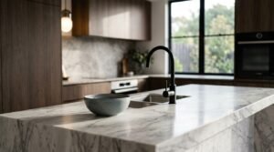 Calacatta marble waterfall kitchen island featuring an undermount double sink, matte black gooseneck mixer tap, and a ceramic bowl in a modern kitchen with walnut cabinetry and black-framed windows.