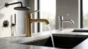 Modern bathroom fixtures and tapware featuring a brushed brass faucet, rainfall shower head, and stone countertop