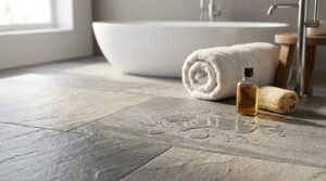 Water-resistant bathroom floor tiles with water droplets, freestanding bathtub, rolled towels, and spa-inspired modern bathroom design
