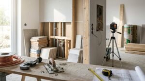 Bathroom renovation in progress with exposed plumbing, electrical wiring, tile samples, laser level, and construction tools
