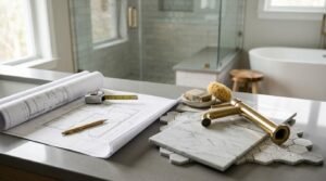 Bathroom renovation planning with design blueprints, marble tile samples, brass faucet fixture, and luxury remodel materials