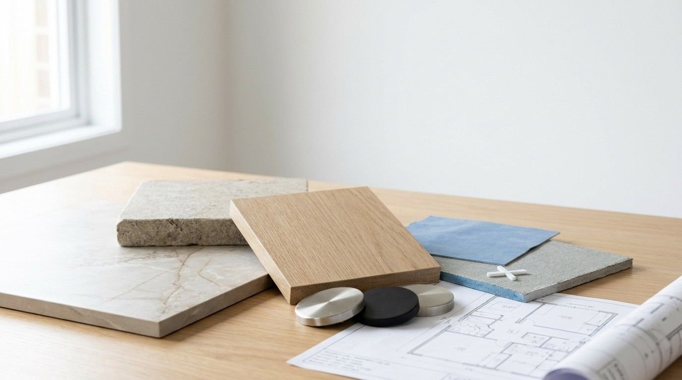 Bathroom renovation material samples displayed on a wooden table, including stone tile, wood-look finish, porcelain tile, colour swatches, grout spacers, cabinet hardware, architectural floor plans, and rolled construction drawings for renovation planning.