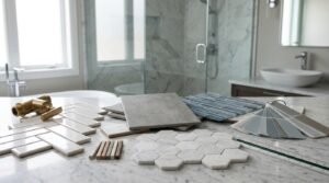Bathroom tile selection and design planning with marble hexagon tiles, subway tiles, mosaic samples, color swatches, and modern fixtures