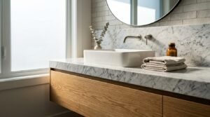 Modern bathroom vanity with marble countertop, vessel sink, wall-mounted faucet, and natural wood cabinetry in a luxury bathroom