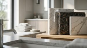 Bathroom benchtop and countertop material samples featuring marble, granite, and engineered stone finishes