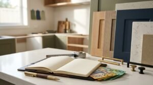 Cabinet refacing budget workspace on a white quartz benchtop featuring an open notebook, pen, Australian dollar banknotes, measuring tape, brushed brass and black hardware, shaker cabinet door profiles, and engineered stone swatches in front of an active kitchen fitout.