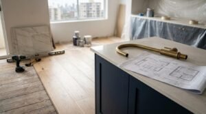 High-rise apartment kitchen renovation in progress featuring a navy blue island with an engineered stone top, uninstalled brushed brass gooseneck tap, and floor plans, overlooking newly laid light oak timber flooring, marble slab tiles, and power tools.