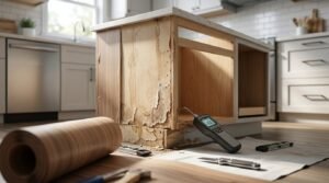 Kitchen island carcass inspection showing severe water damage, swollen particleboard, and peeling laminate veneer with a digital moisture meter probe testing the timber frame, beside a roll of woodgrain veneer, levels, and utility knife.
